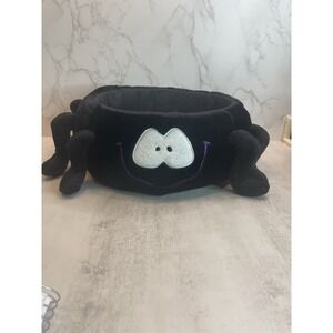 Vintage PLUSH HALLOWEEN BLACK SPIDER TRICK OR TREAT CANDY BASKET 9" across 4.5"